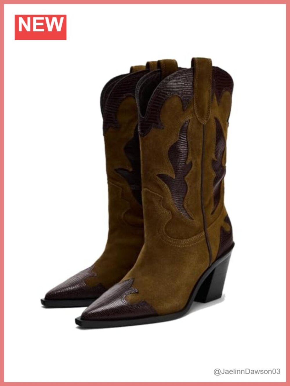 Brown Suede Cowboy Mid Calf Boots for Women Wide Calf Embroidered Pointed Toe